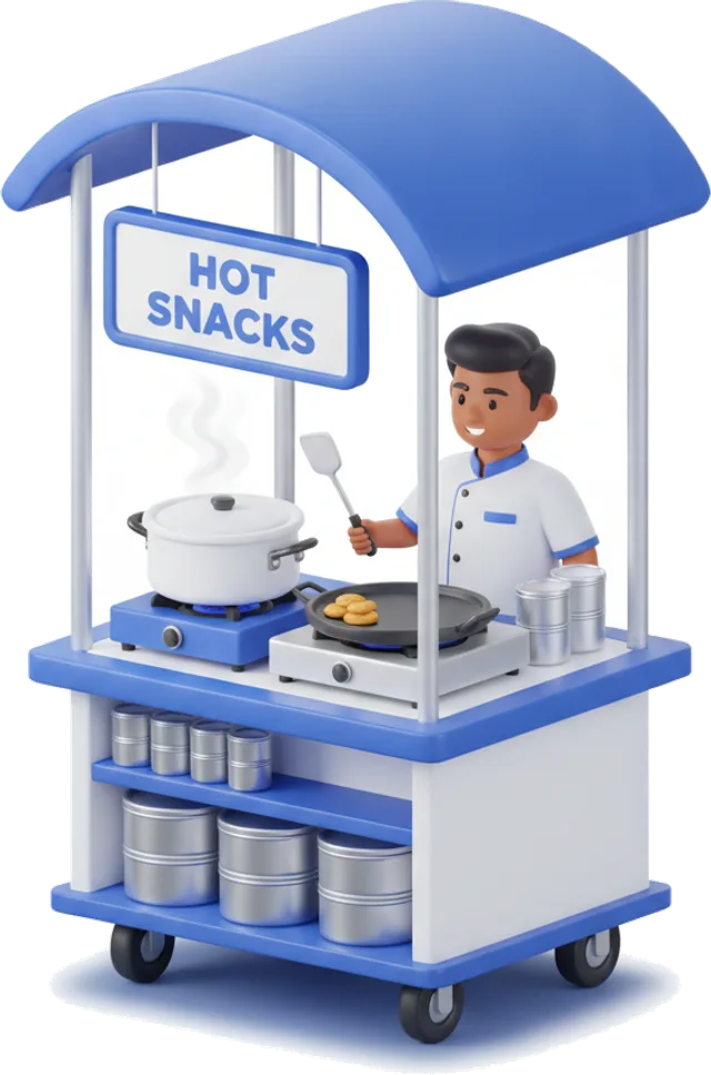 Rajesh's street-food kitchen stall, open and cooking