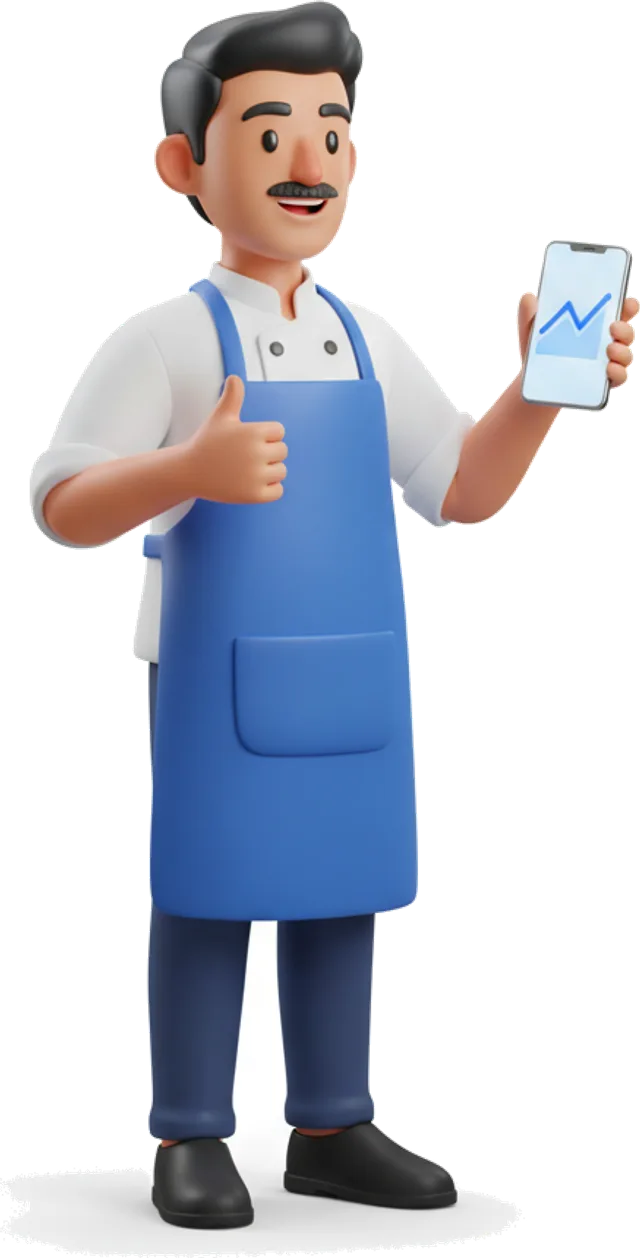 Rajesh, a food-stall owner, holding his phone